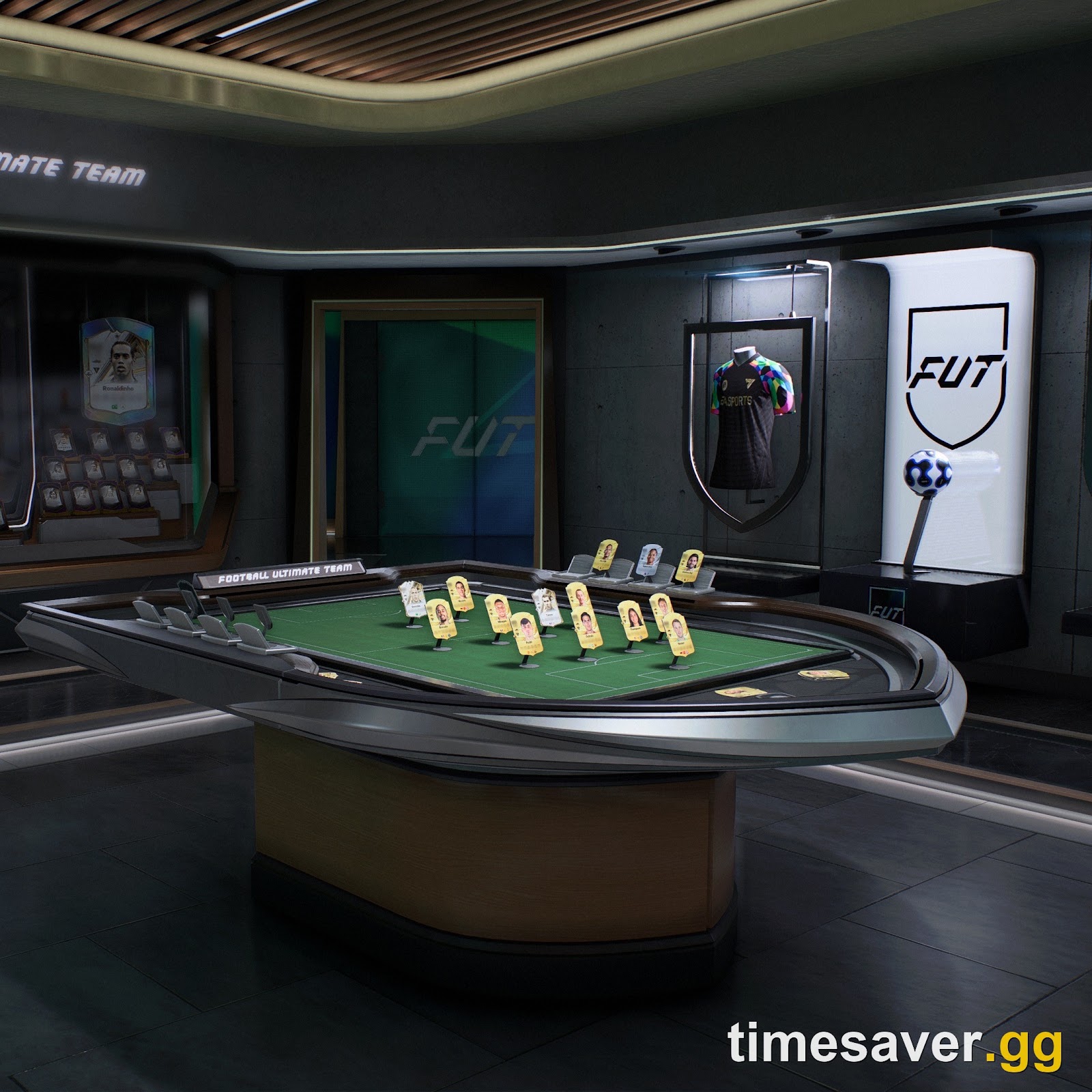 FC 27 FUT Gallery showcase room with player items displayed on a pitch-shaped table