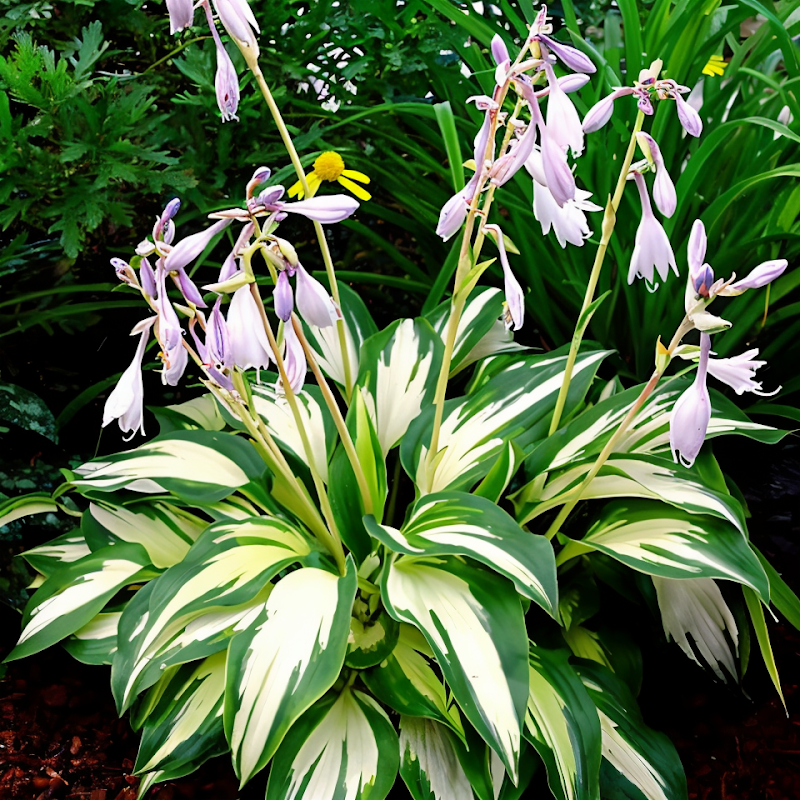 Hosta Christmas Candy con foglie variegate verde e crema in un giardino ombroso
