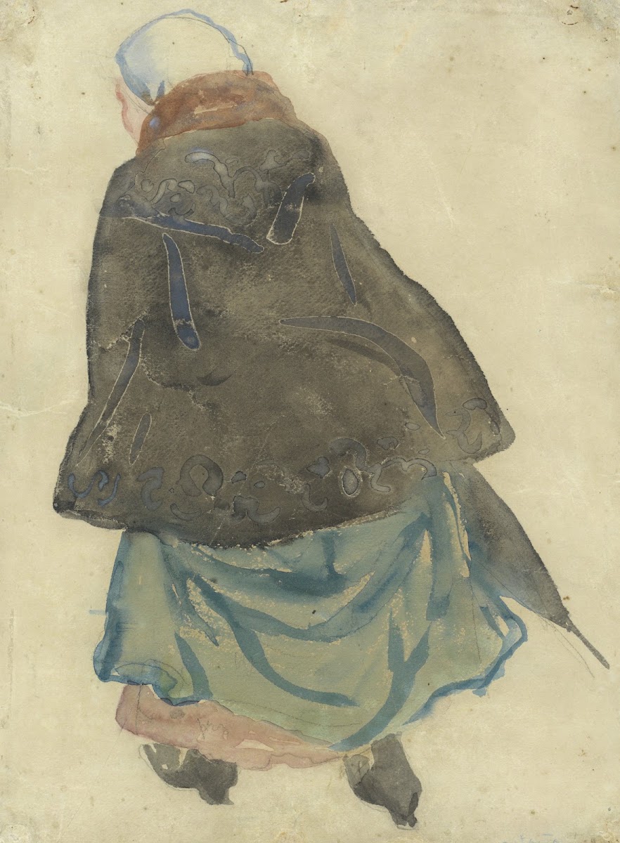 Lopende vrouw met cape en parapluie op de rug gezien 1891