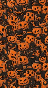 Dense Seamless Pattern of Cartoon Monsters and Pumpkins in Orange and Black