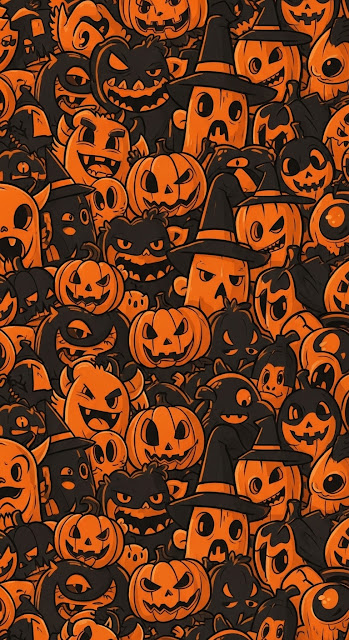Dense Seamless Pattern of Cartoon Monsters and Pumpkins in Orange and Black - Free mobile Wallpaper