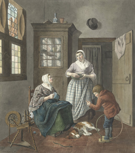 Interieur met naaiende vrouw dienstmeid en spelende jongen 1797
