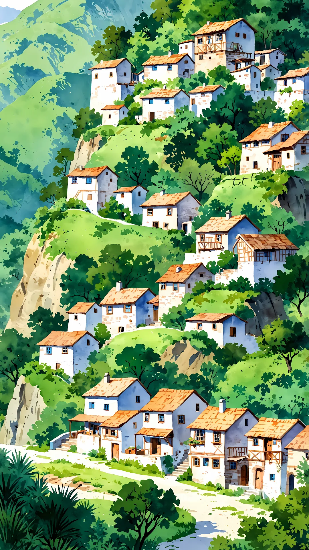 Watercolour Village Cascading Down Green Hillside - Free 4K mobile Wallpaper