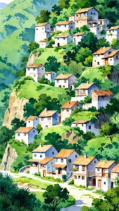 Watercolour Village Cascading Down Green Hillside
