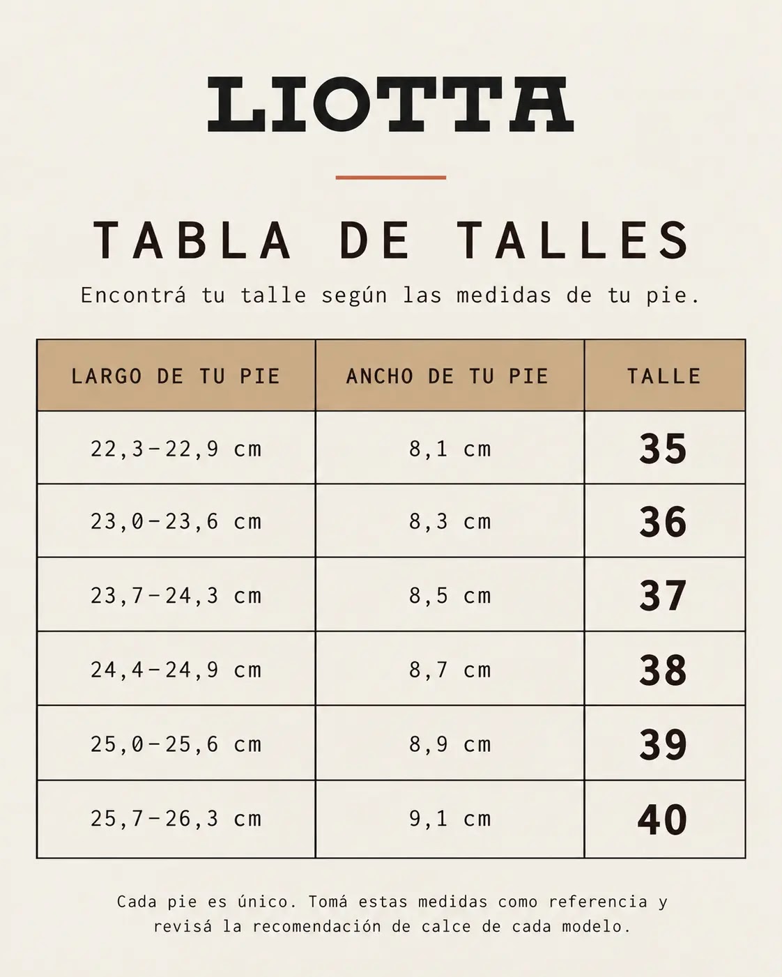Tabla de talles Liotta