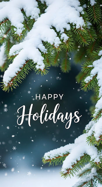 Happy Holidays Snowy Pine Branches Winter Scene - Free mobile Wallpaper