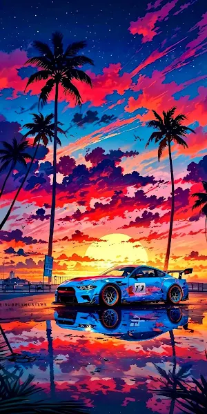 Sunset, Sports Car, Palm Trees, Retrowave Full HD iPhone Wallpaper Background