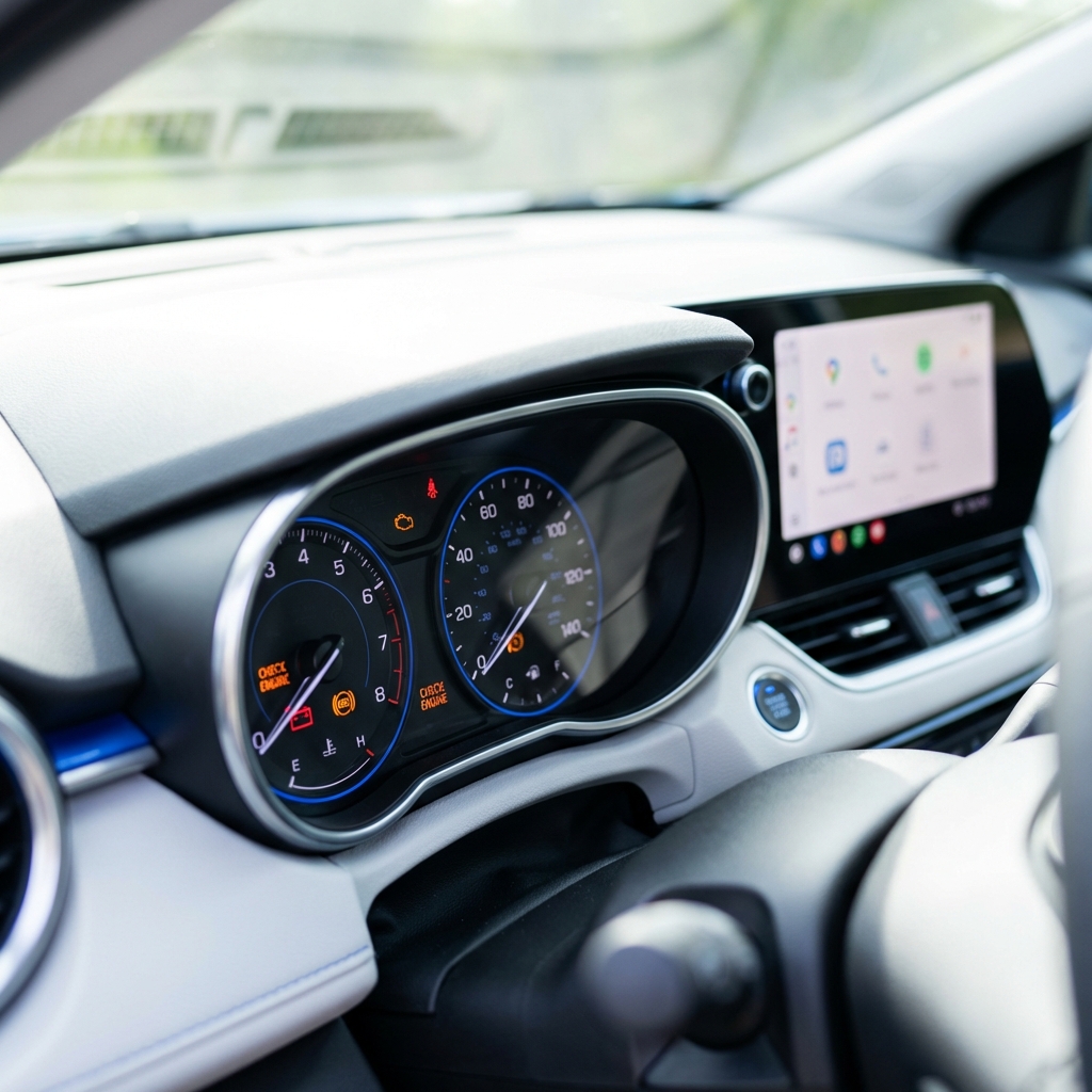 Close up of chevrolet trax car instrument cluster with warning lights illuminated and frozen infotainment screen visible in the background