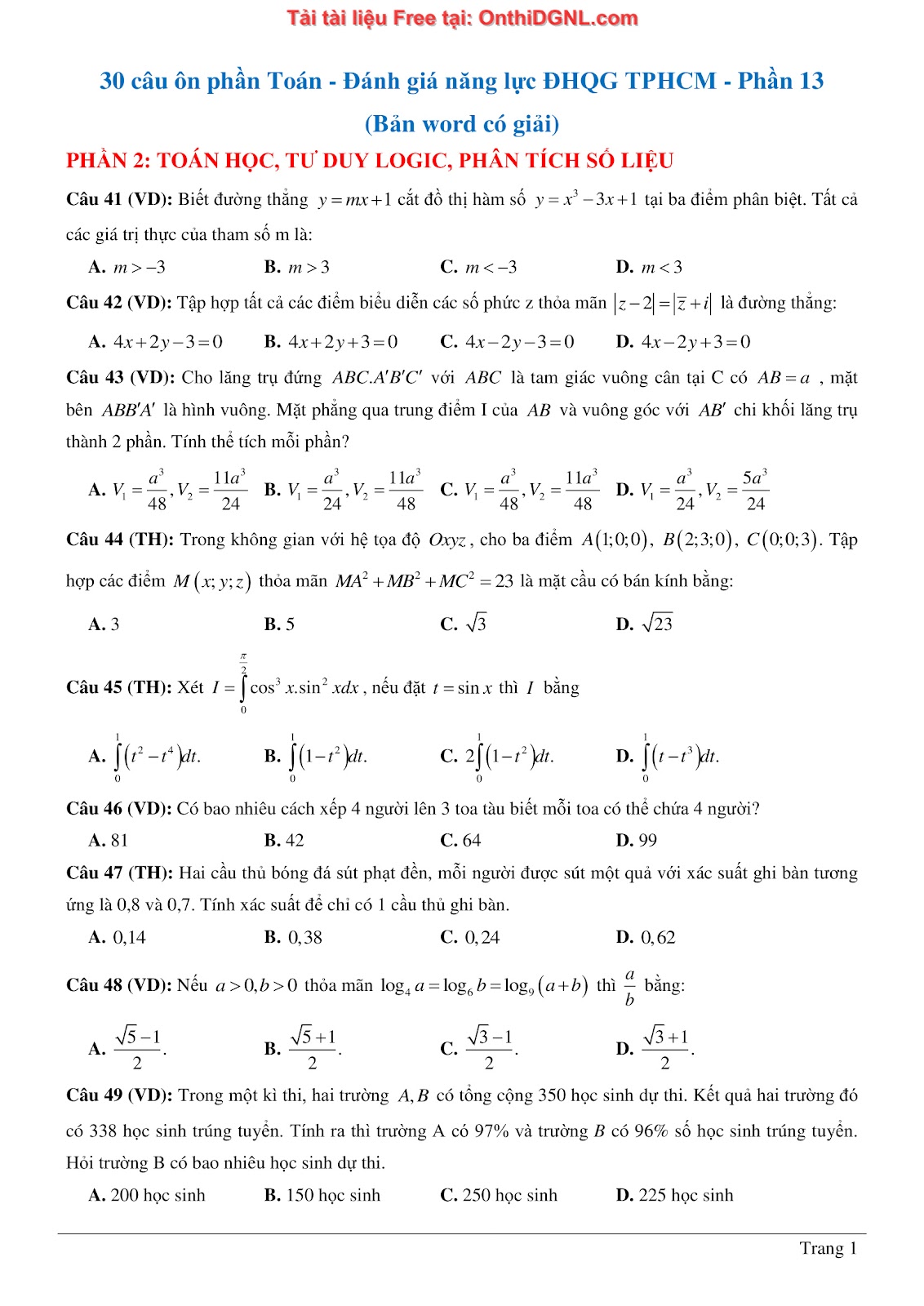 900 bài tập môn Toán - Ôn thi ĐGNL ĐHQG TP HCM Phần 13