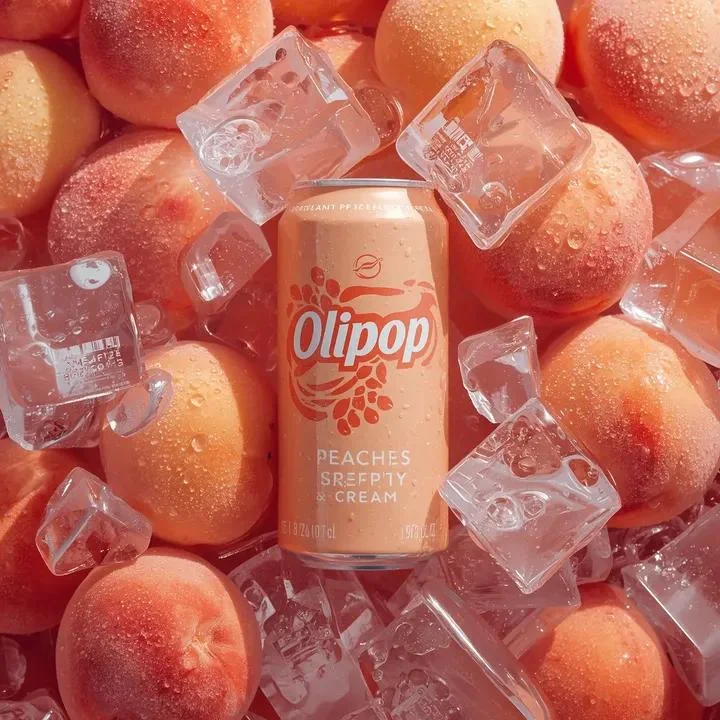 Fotografía comercial ultrarrealista de una lata de refresco color melocotón pastel con la etiqueta “OLIPOP – Melocotones y...