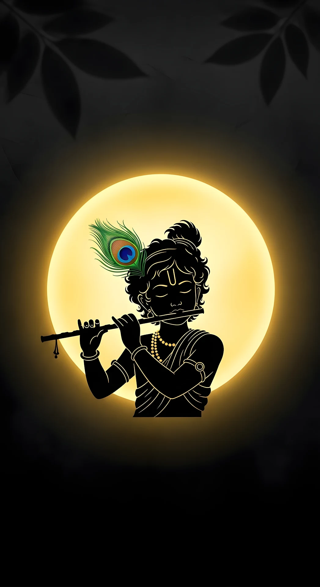 Dark Silhouette of Krishna with Peacock Feather and Flute - Free 4K mobile Wallpaper