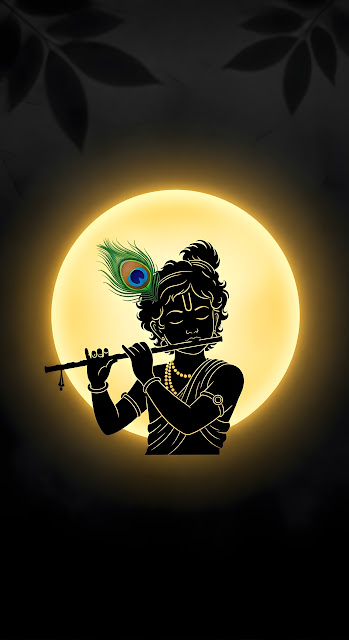 Dark Silhouette of Krishna with Peacock Feather and Flute - Free mobile Wallpaper