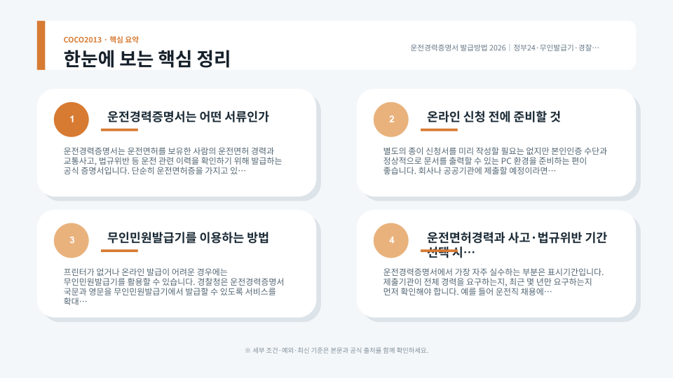 운전경력증명서의 운전면허경력과 교통사고·법규위반 기간을 확인하고 발급 경로를 비교하는 장면