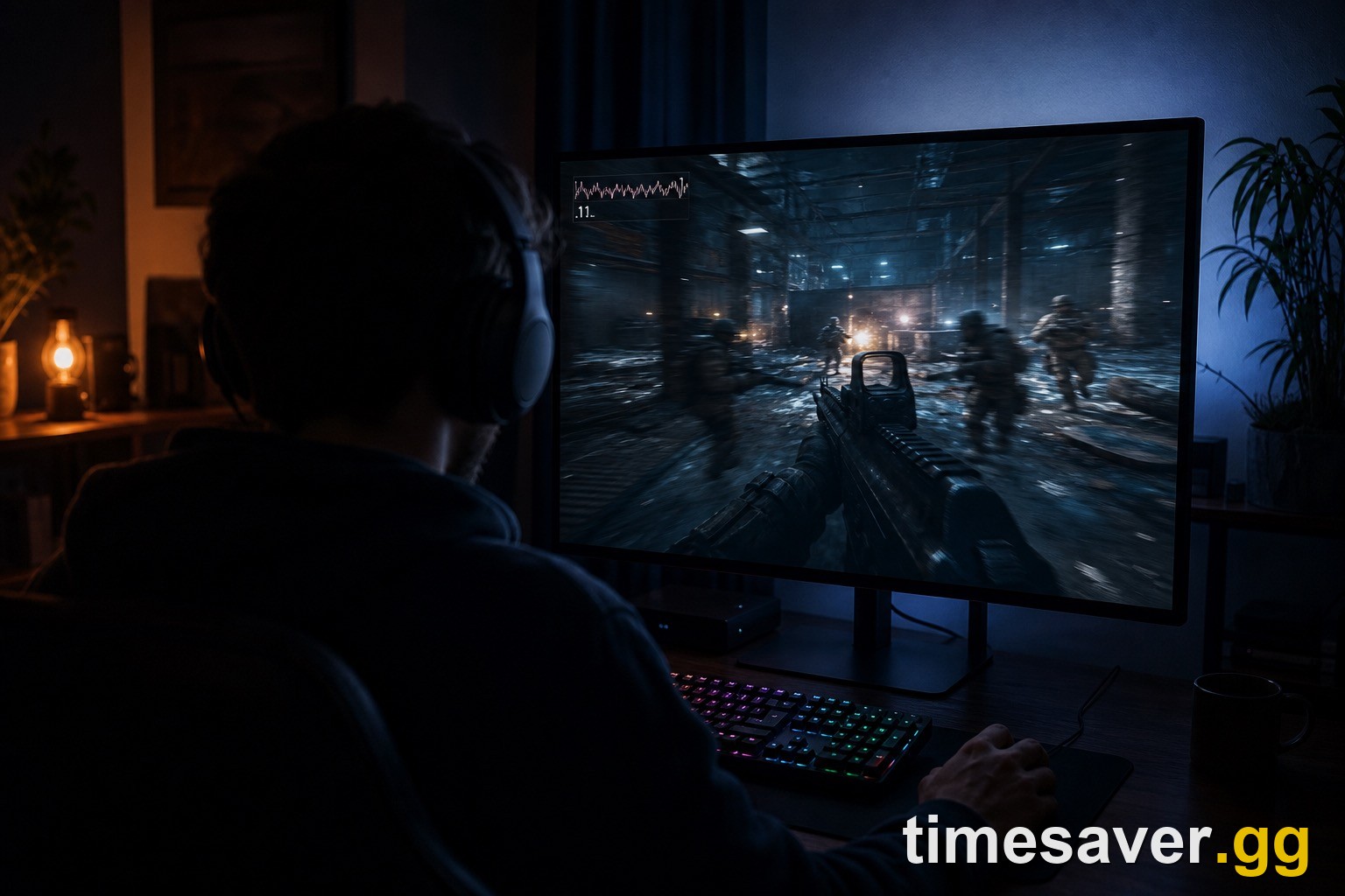 A PC player facing a first-person shooter at night with a jagged frame-time graph overlaid on screen — the visible symptom of shader-compilation stutter and low FPS in the Modern Warfare 4 beta