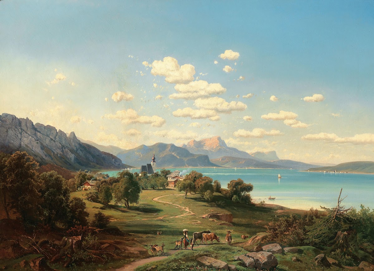 A View of Steinbach am Attersee with Unterach Schafberg the Drachenwand in the B