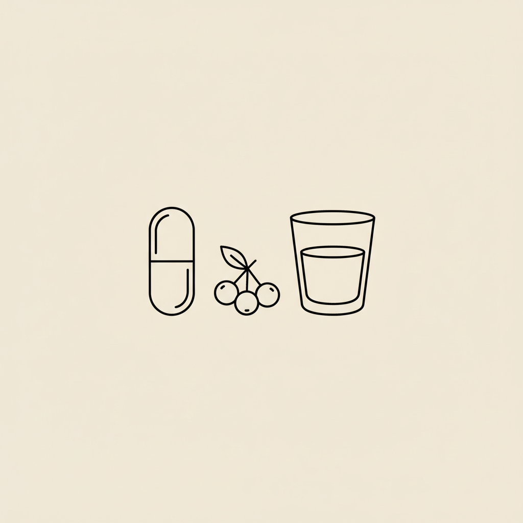 Minimal Tonum-style line illustration of a capsule, small berry cluster and glass of water on beige background representing phentermine duration
