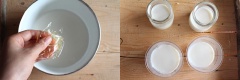 Cho gelatin vào sữa, khuấy đều cho tan hẳn rồi rót vào cốc hoặc lọ thủy tinh và cho vào tủ lạnh chờ đông.