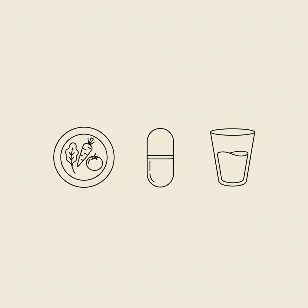 Minimal Tonum-style vector line illustration of a plate with vegetables, a capsule, and a glass of water on a beige background conveying steady nutrition — how long do sugar cravings last