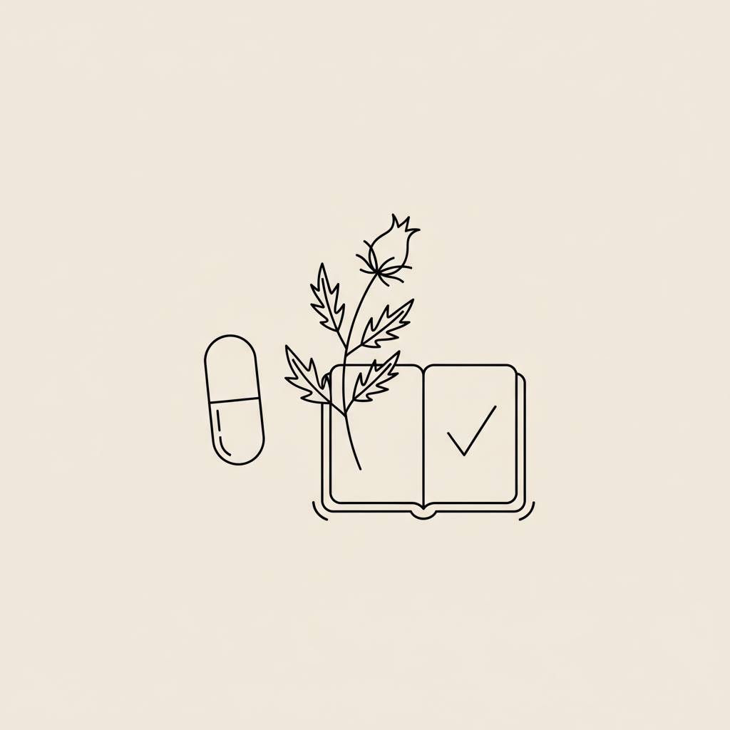 Minimal Tonum-style line illustration: capsule, milk thistle sprig, open notebook with checkmark on beige background — what is the 2 7 30 rule for memory?