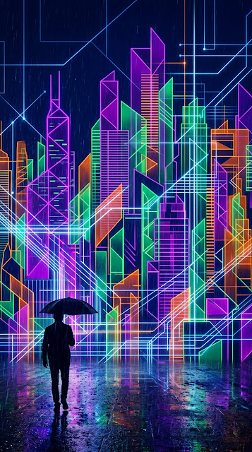 Abstract Geometric Metropolis at Night with Rainy Silhouette - Free mobile Wallpaper
