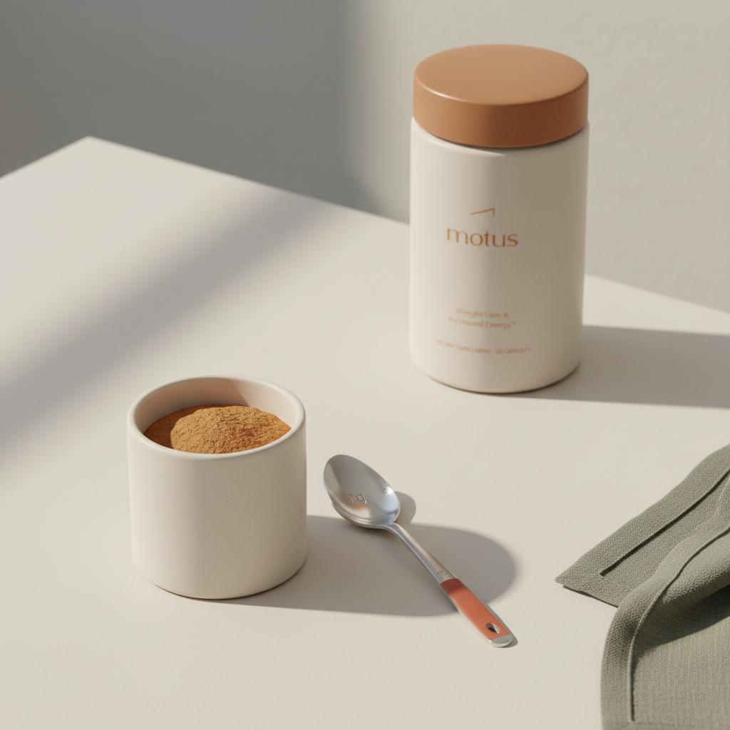Minimal tabletop photo of a small open jar of powdered Ceylon cinnamon and a 1 g teaspoon, with the Tonum product container placed back right — how much cinnamon per day to lower blood sugar