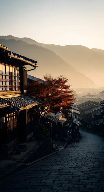 Golden Hour on Traditional Japanese Post Town Cobblestone Street with Red Maple - Free mobile Wallpaper