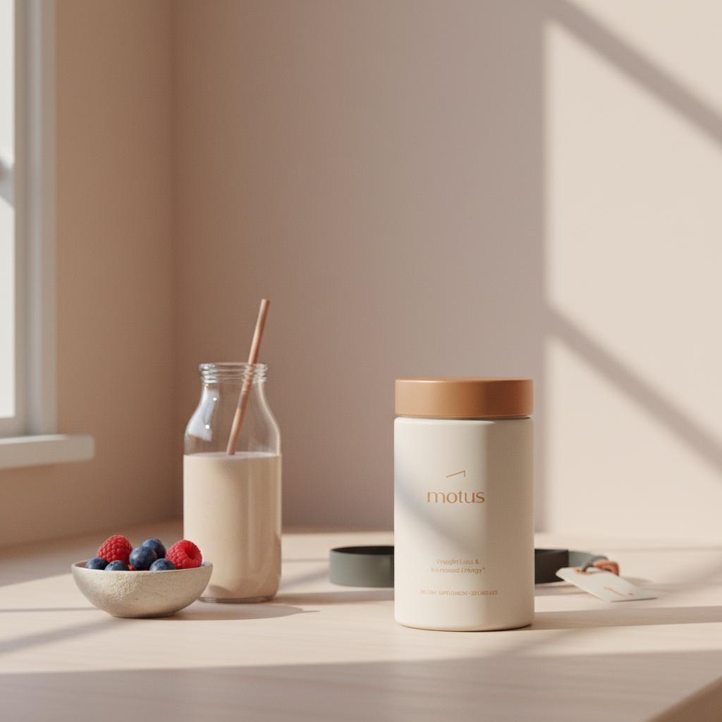 Tonum Motus supplement container on a kitchen counter next to a glass protein shake, bowl of mixed berries and a folded resistance band — supplements while on Ozempic