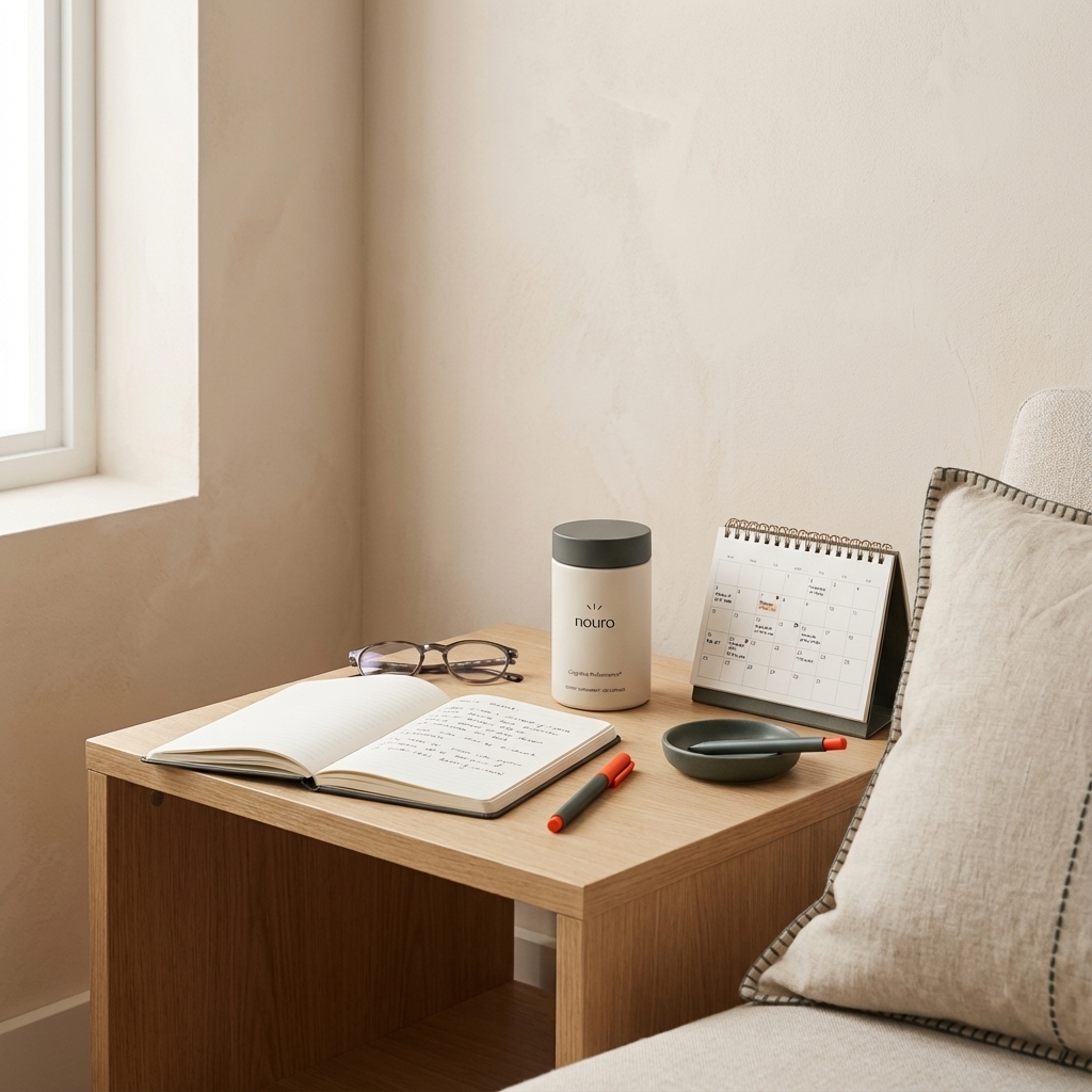 Minimalist living-room workspace with a notebook, glasses and Tonum Nouro container beside a calendar with appointment marks, suggesting daily support for early-onset Alzheimer's