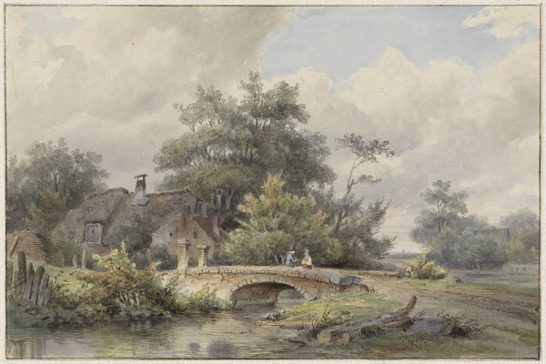 Landschap met stenen brug bij een huis 1813   1862