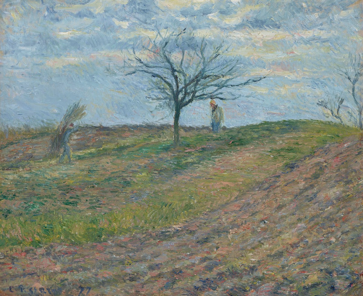 Terre labourée en hiver avec un homme portant un fagot 1877
