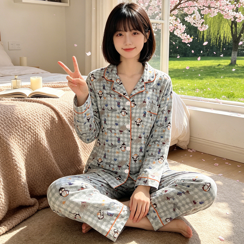 Women's pajamas, checkered, long sleeve, cotton imitation