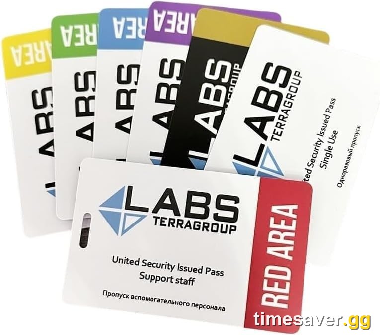 The colored TerraGroup Labs keycards — each locked arsenal and testing room needs its own single-use card