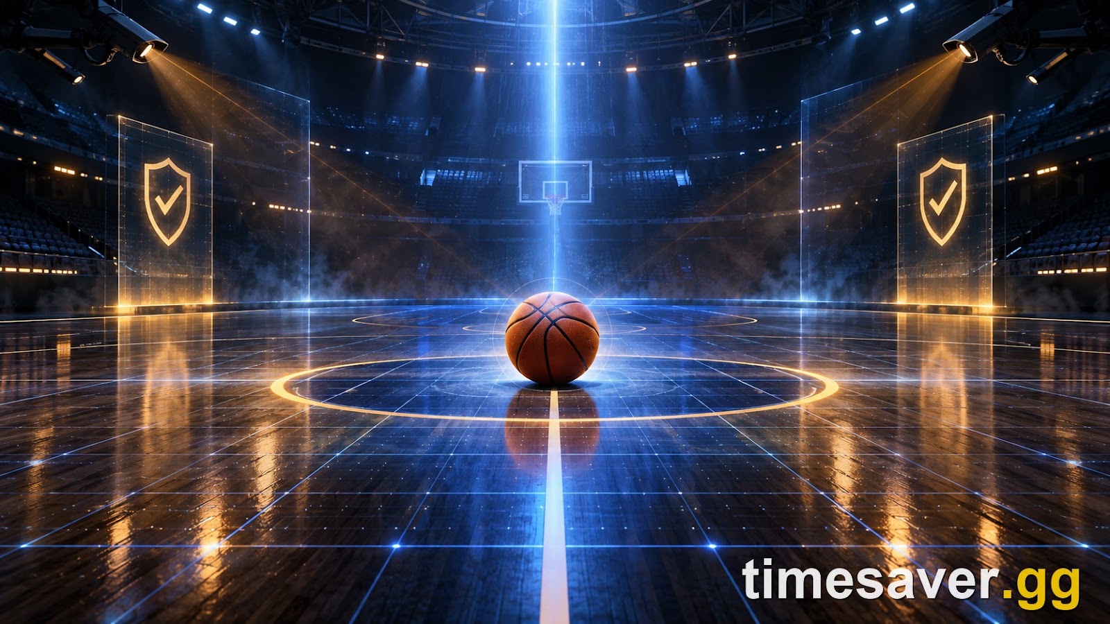 Stylized NBA 2K27 fair-play concept — a basketball court with a light-beam anti-cheat detection scan