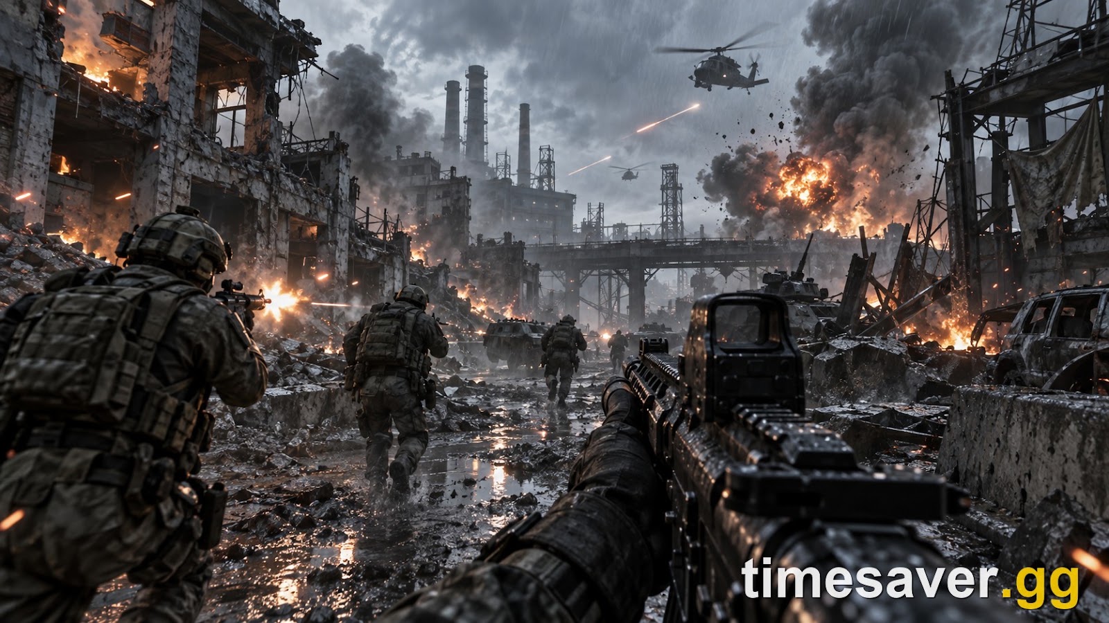 WARDOGS infantry squad advancing through smoke and fire in the Control Zone