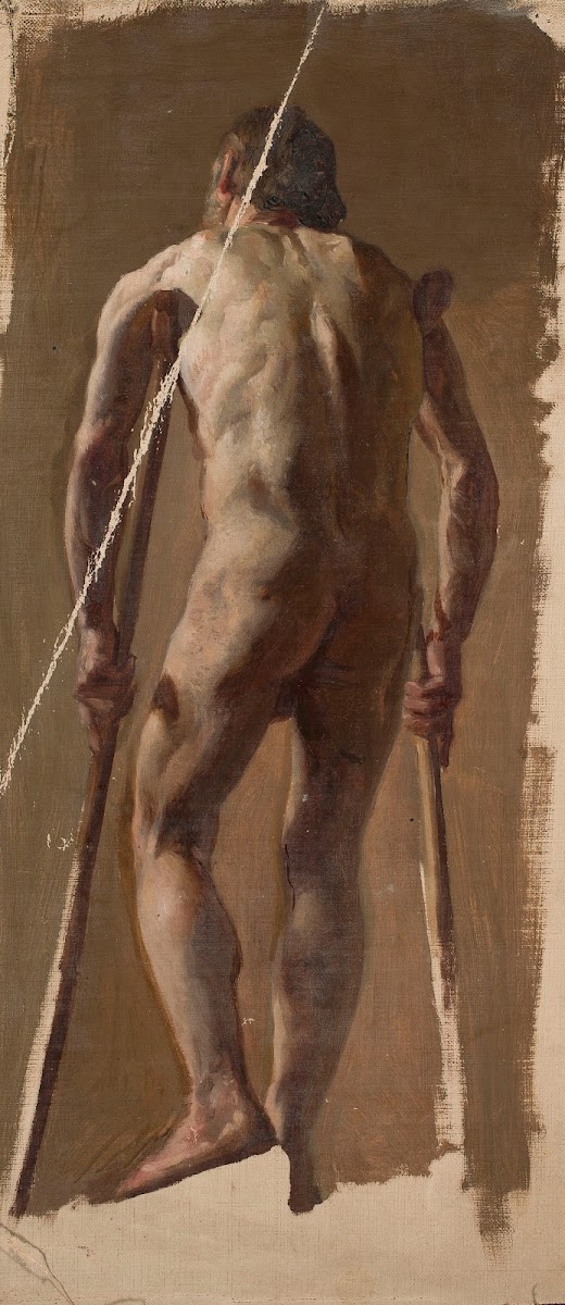 Nude of an old man leaning on crutches back view 1873