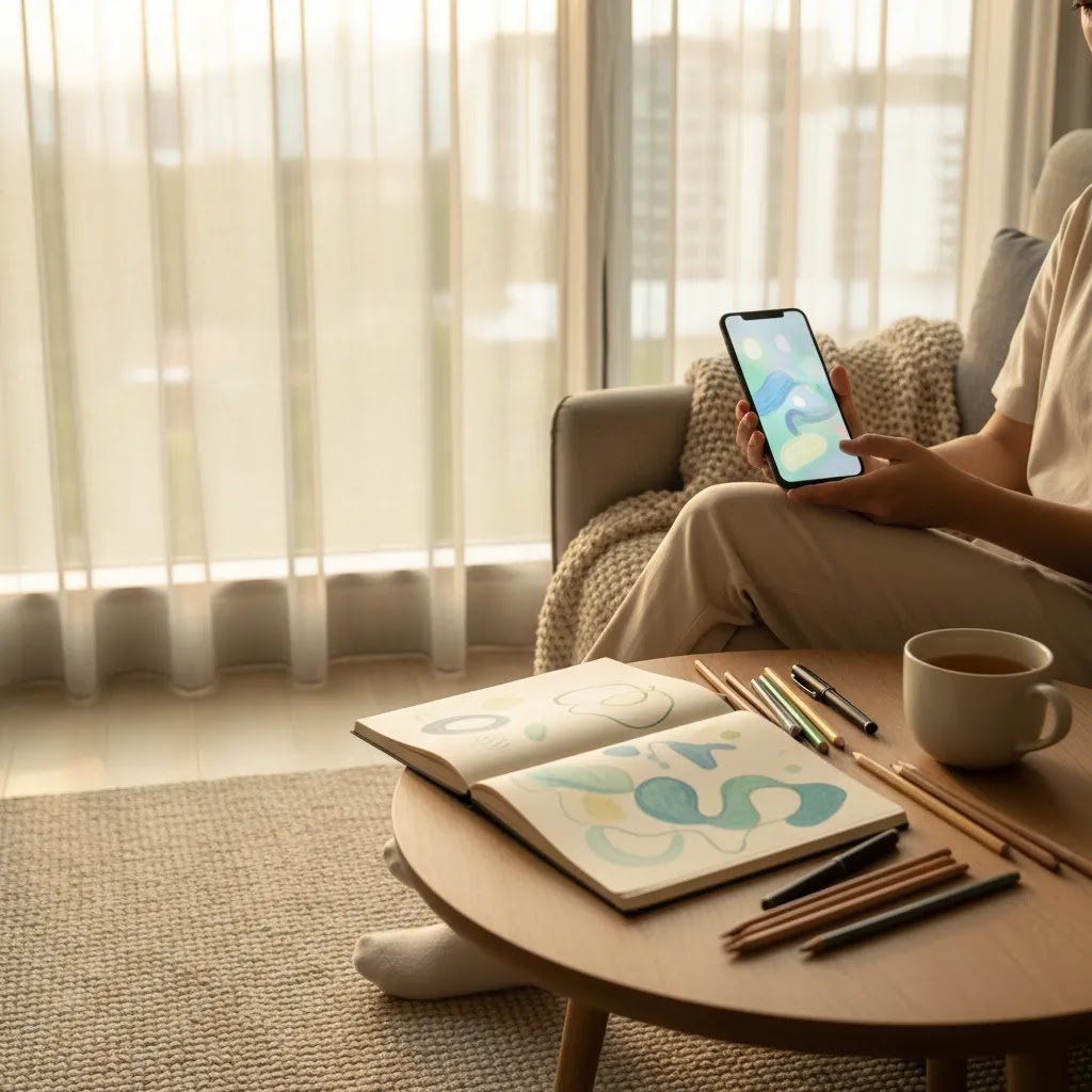 Stress management in Singapore with a calming art therapy app and sketchbook used at home