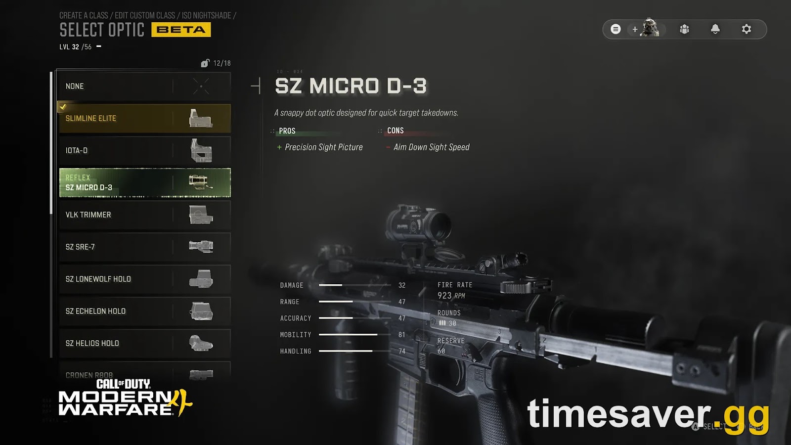 Modern Warfare 4 Gunsmith optic selection screen showing attachment Pros and Cons