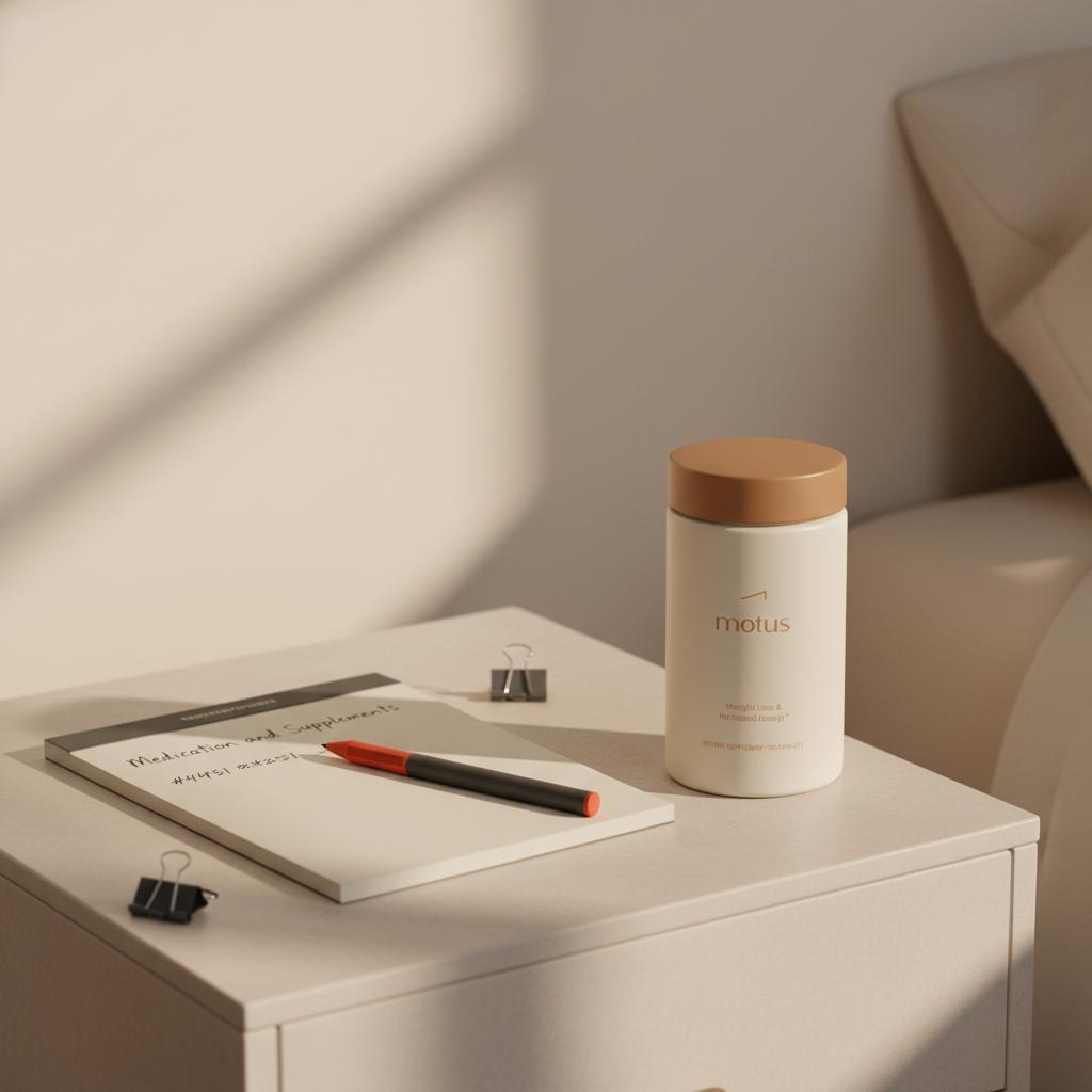 Minimalist still-life of Tonum Motus supplement jar from reference photos on a bedside table beside a notepad titled "Medication and Supplements" and a pen, conveying thoughtful berberine oral support.