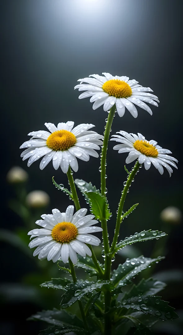 Moody Daisies Covered in Dew Drops Against Dark Background