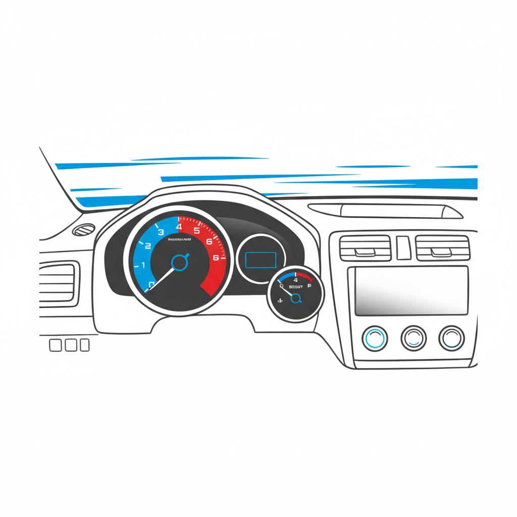Minimalist 2D vector interior view of a WRX style dashboard showing tachometer and boost gauge with motion blur outside subaru wrx for sale