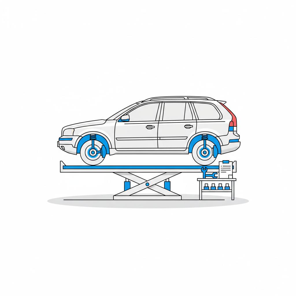 Minimal vector illustration of a raised volvo xc90 for sale showing highlighted suspension components and nearby tools on a service table on white background