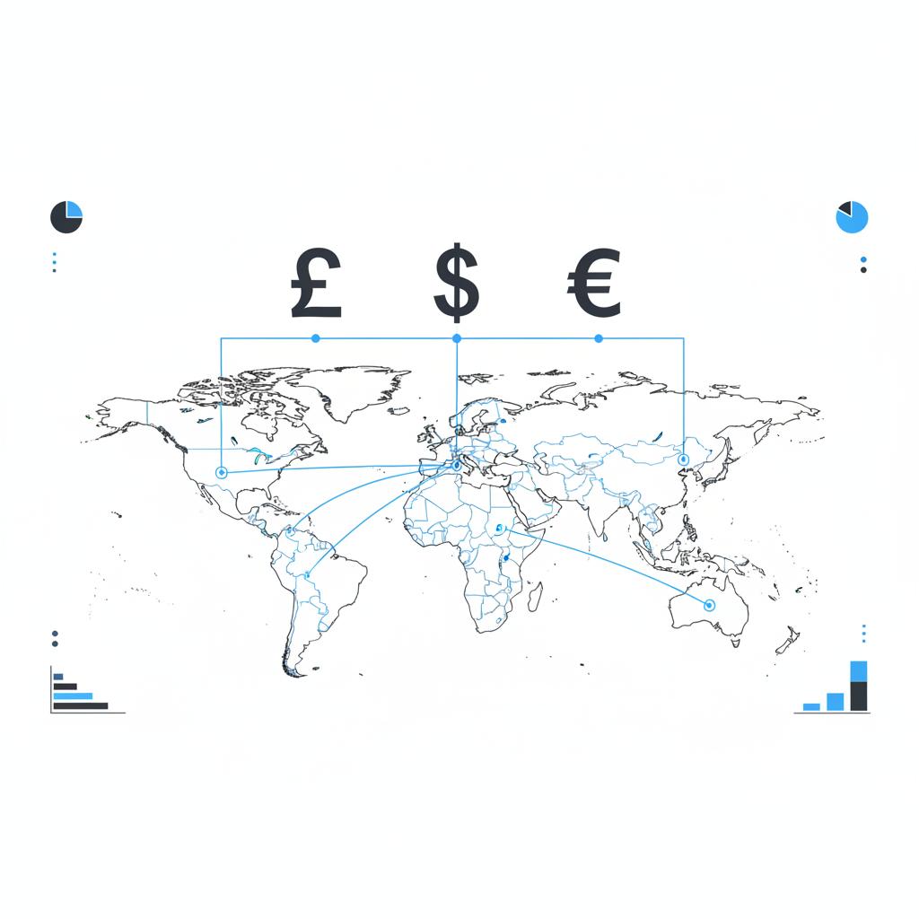 Minimalist 2D vector map with floating currency symbols (GBP, USD, EUR) and connecting city routes illustrating GBP salary meaning.