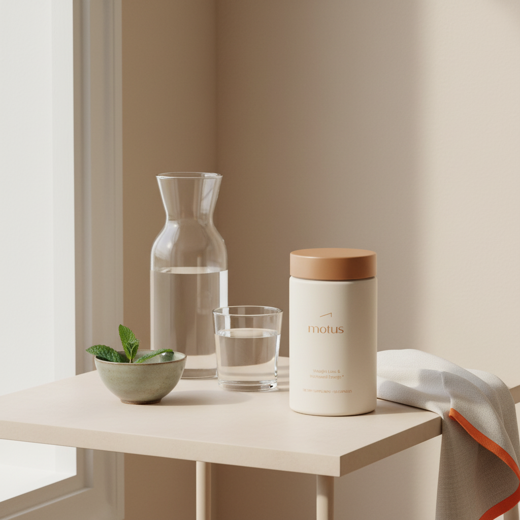 Minimalist morning table with Tonum supplement jar 'Motus' beside a glass of water and small bowl, illustrating supplements for hormonal belly fat and weight-loss routine