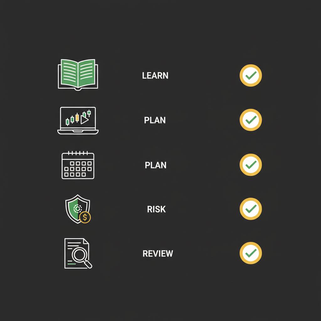 Minimal 2D vector checklist showing five icons for learn simulate plan risk small review for how do you start day trading on a dark Finance Police style background