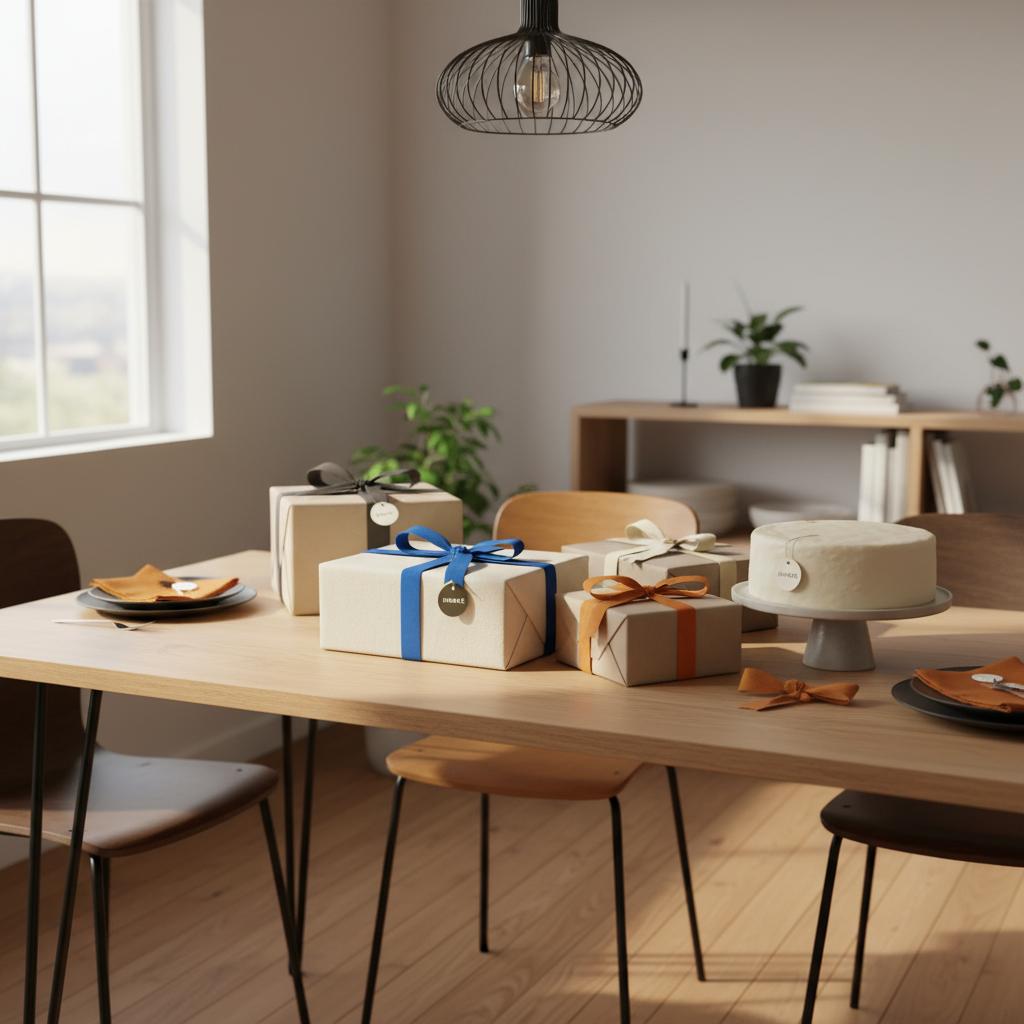 Intime Esstisch-Szene mit Geschenkboxen und Vanilletorte; Fokus auf Geschenkdetails – inspirierende geschenkideen garten in minimalistischer, warmer Raumästhetik