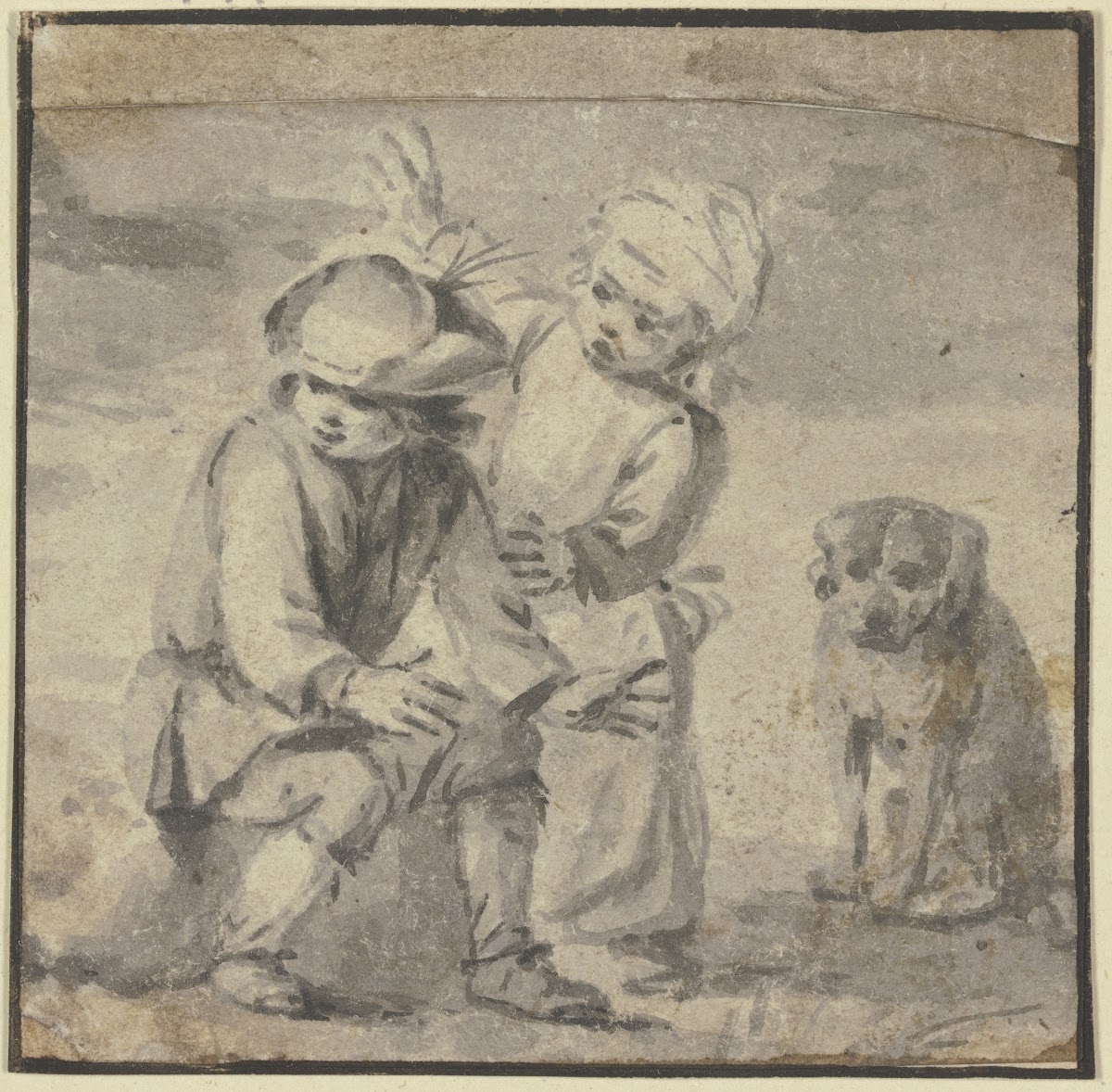 Zwei Knaben bei einem Hunde der rechts sitzt