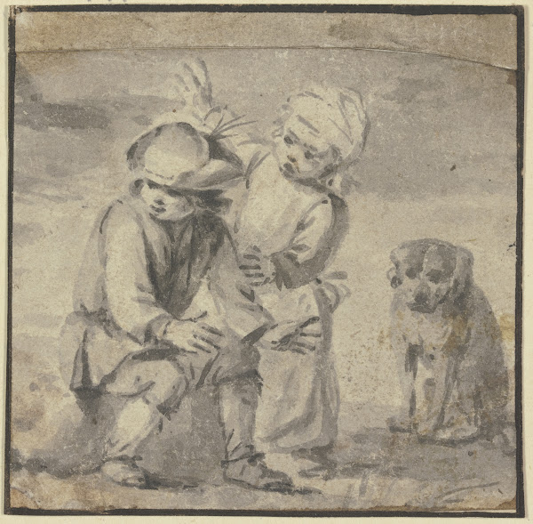 Zwei Knaben bei einem Hunde der rechts sitzt