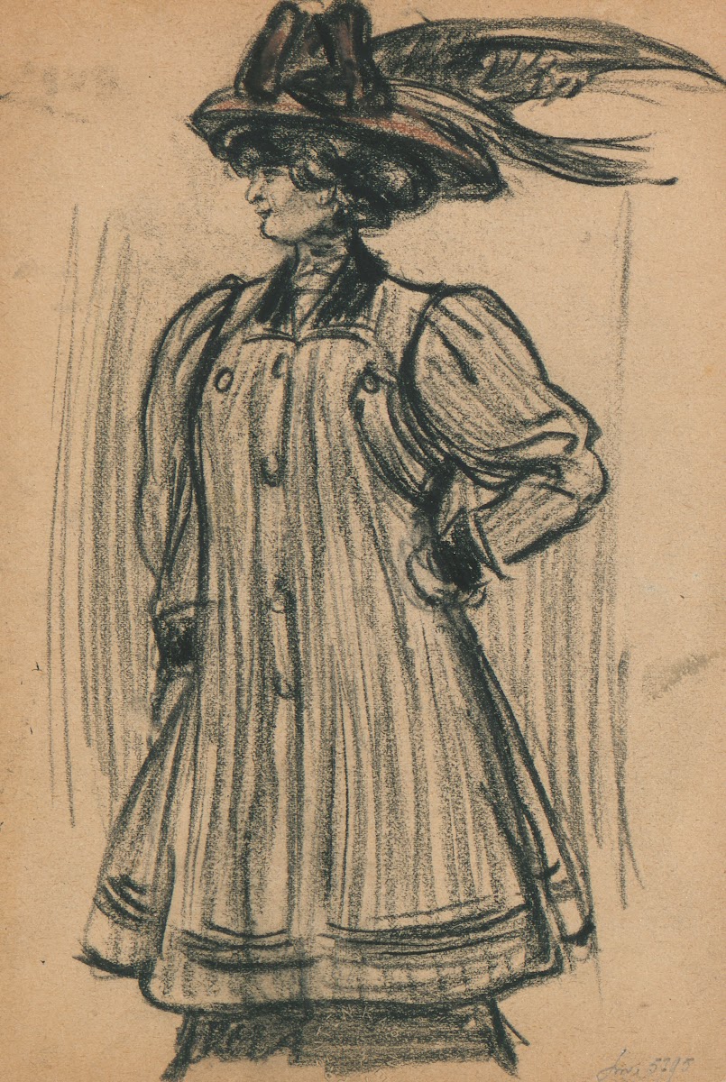 Een staande vrouw met grote hoed waarop een pluim is gestoken 1907