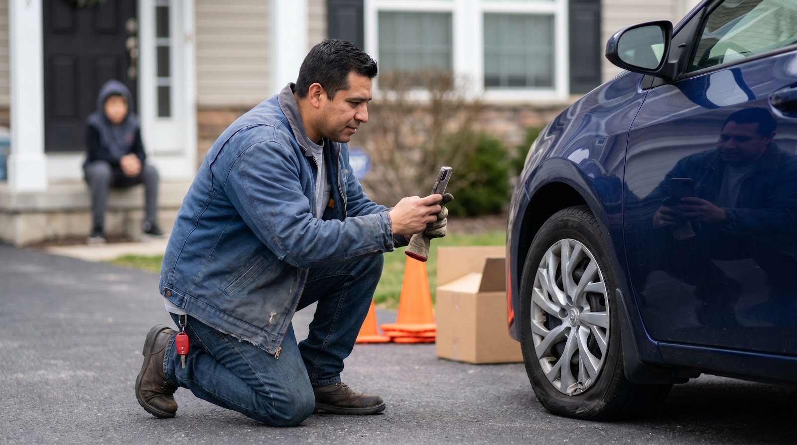 Driver documenting tire damage after a texas highway debris blowout car insurance claim in Texas driveway