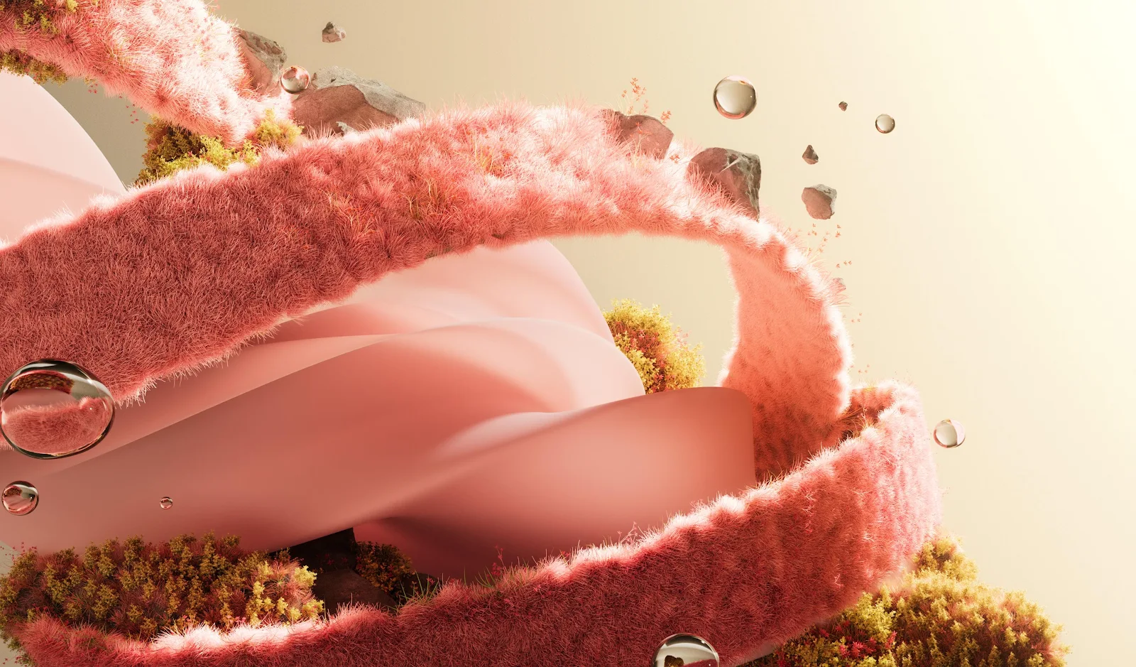 Abstract Pink Fur Ribbon Landscape - 3D Digital Art 2K Wallpaper (3680x2160)